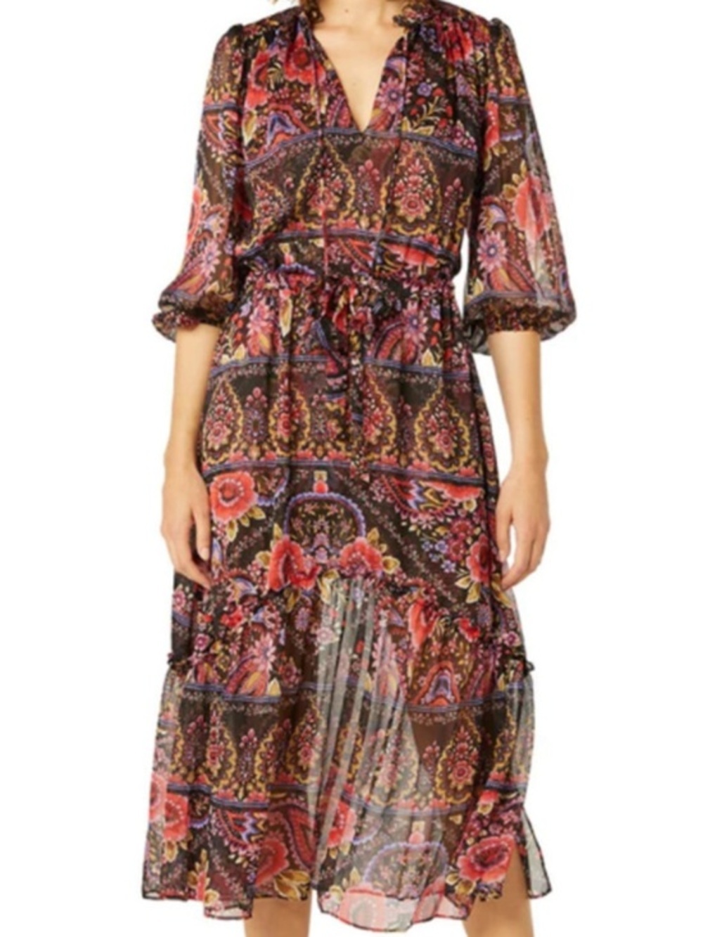 Misa Los Angeles Black Paisley Floral Midi Dress with Pink Accents - Picture 1 of 9